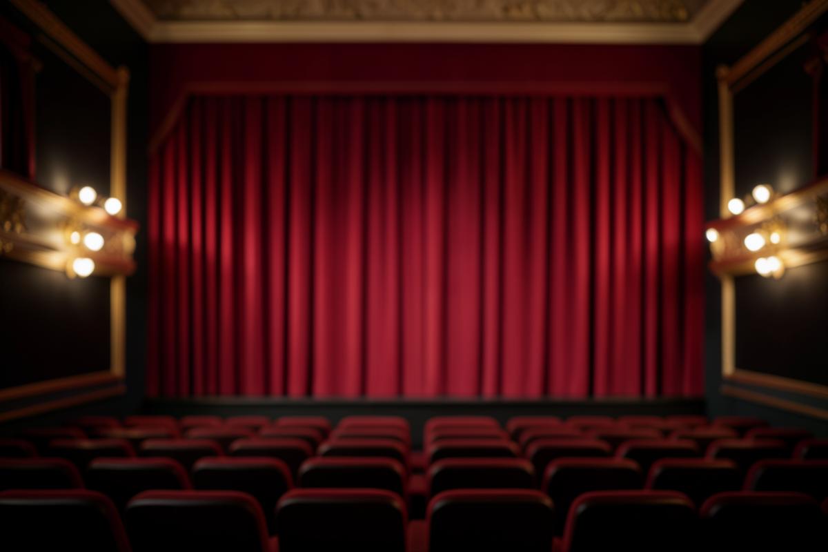Ilustração editorial de uma plateia de teatro com cortina